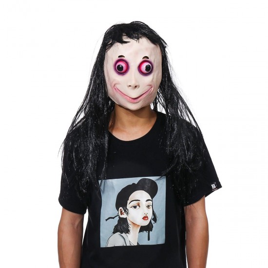 LED Scary Momo Mask Game Horror Mask Cosplay Full Head Momo Mask Big Eye With Long Wigs Halloween Party Props