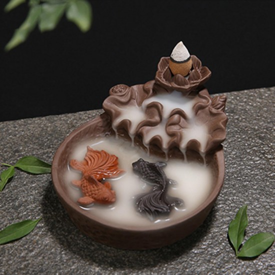 Porcelain Backflow Cone Incense Burner Buddha Ceramic Buddhist Sandalwood Holder Fish Decor