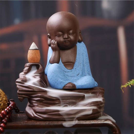 Purple Clay Backflow Incense Cone Burner Holder Cute Monk Fragrant Smoke Backflow Censer Decor