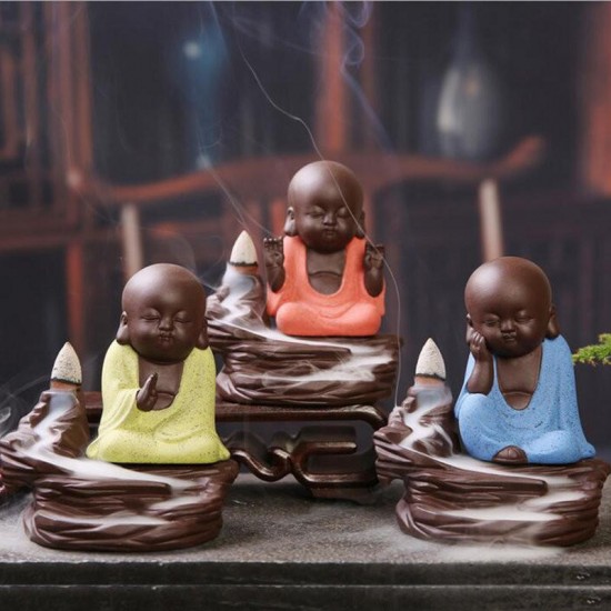 Purple Clay Backflow Incense Cone Burner Holder Cute Monk Fragrant Smoke Backflow Censer Decor