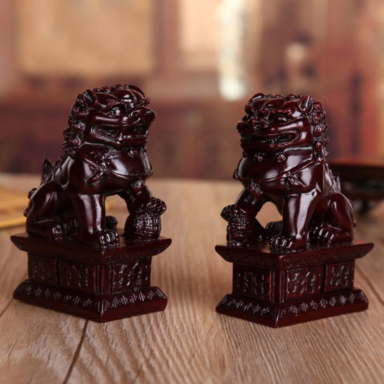 Red Chinese Resin Carving Fengshui Lion Fu Foo Dog Guardion Statue Home Decorations