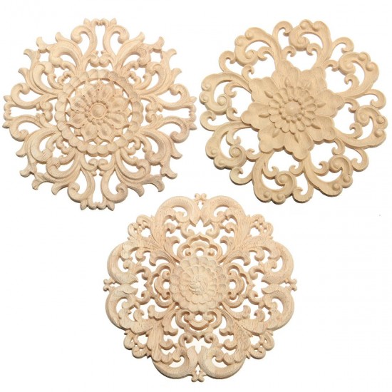 Wood Carved Onlay Applique Unpainted Flower Pattern Furniture Frame Door Decor 15cm