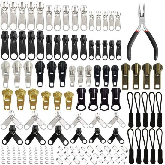 169Pcs Zipper Repair Kit Zipper Replacement Zipper Pull Rescue Kit with Zipper Install Pliers Tool and Zipper Extension Pulls for Clothing Jackets Purses Luggage Backpacks