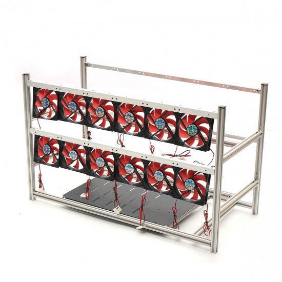 16GPU Mining Frame Case Aluminum Mining Case Miner Mining Supply Case with 12Pcs LED Fan