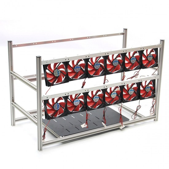 16GPU Mining Frame Case Aluminum Mining Case Miner Mining Supply Case with 12Pcs LED Fan