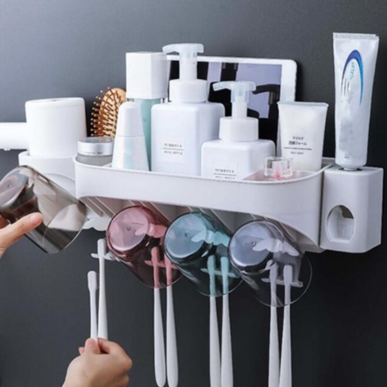 2/3/4 Cups Automatic Toothpaste Toothbrush Holder Wall Hanging Hair Dryer Rack