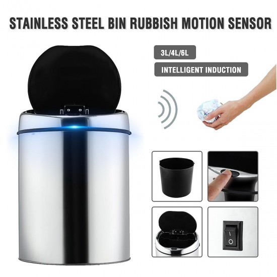 3/4/6L Stainless Steel Round Sensor Trash Can Touchless Motion Automatic Opening Recycler Waste Bins
