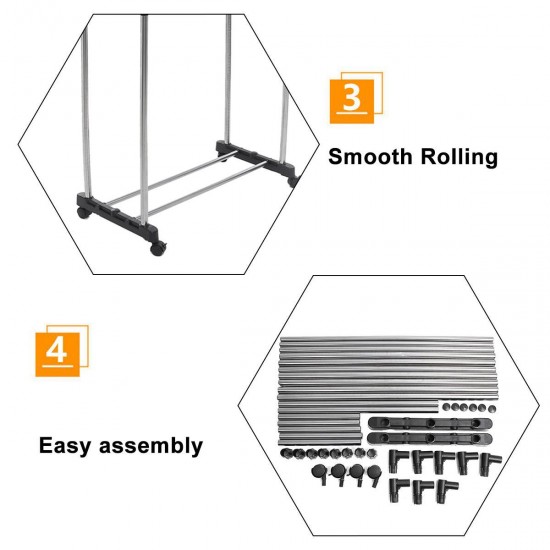 Adjustable Stainless Steel Rolling Rail Movement Cloth Storage Drying Rack Double Bar Hanger Garment