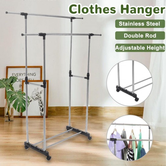 Adjustable Stainless Steel Rolling Rail Movement Cloth Storage Drying Rack Double Bar Hanger Garment