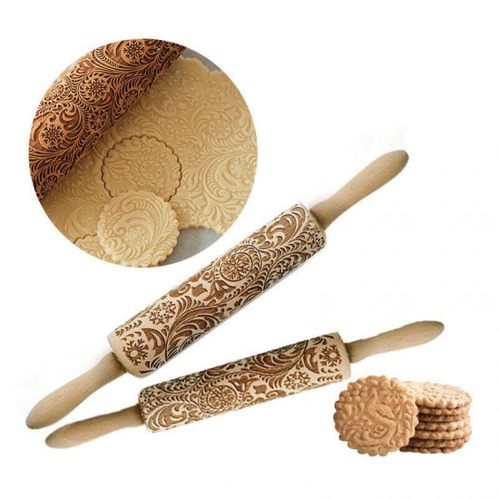 Christmas 3D Flower Wood Rolling Pin Embossing Baking Cookie Biscuit Fondant DIY Baking Tools