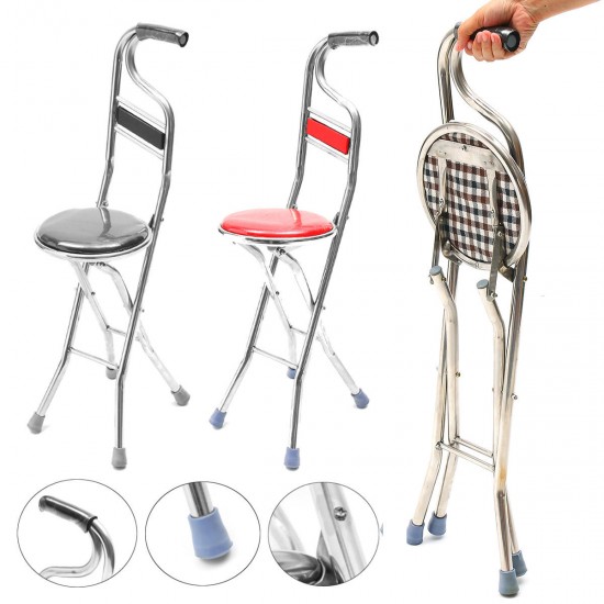 Stainless Steel Portable Folding Walking Stick Chair Seat Stool Travel Cane