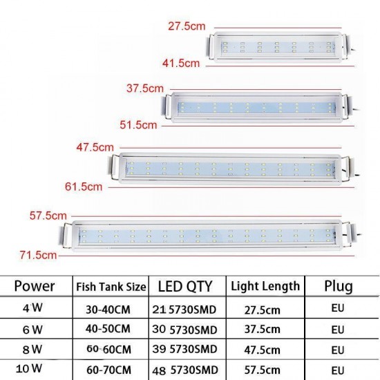 Aquarium Fish Tank EU Plug LED Light Over-Head Blue+White Lamp Plants Moon Lighting