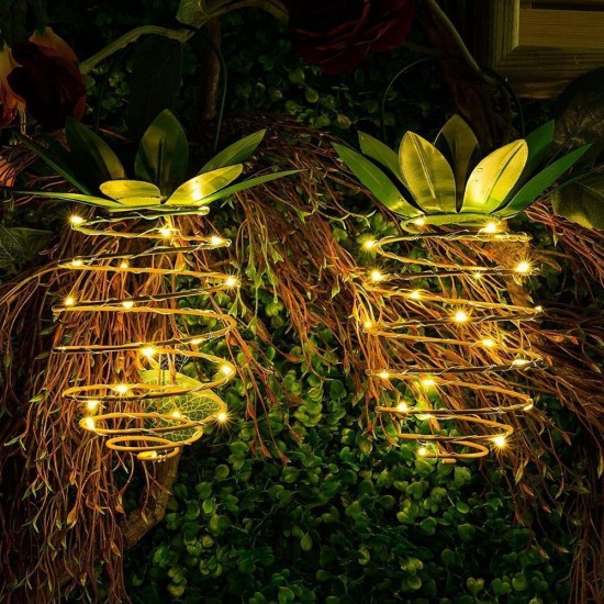 2pcs Solar Powered 25 LED Pineapple Lights Hanging Fairy String Waterproof for Outdoor Garden Decor