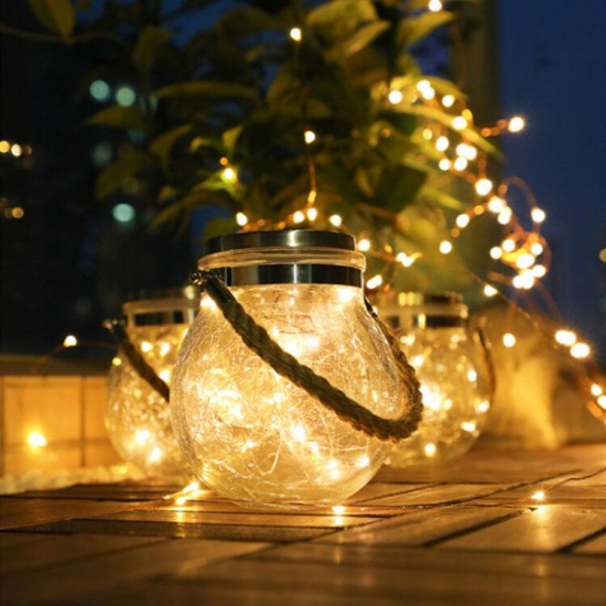 LED Solar Power Crackle Ball-shaped Mason Jar Copper Wire Hanging Lights for Outdoor Patio Tree Decor