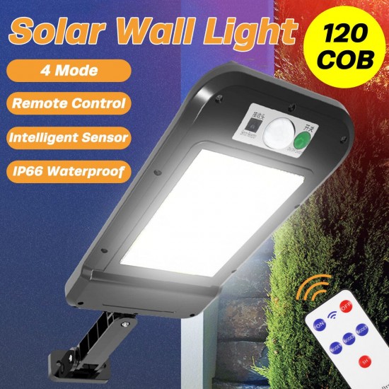 Solar Powered LED Wall Light Motion Sensor 120 COB Outdoor Home Street Lamp with Remote Control