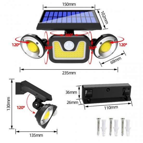 Three-head Induction 83 COB LED Solar Wall Street Light Pathway Garden Lamp for Outdoor Use