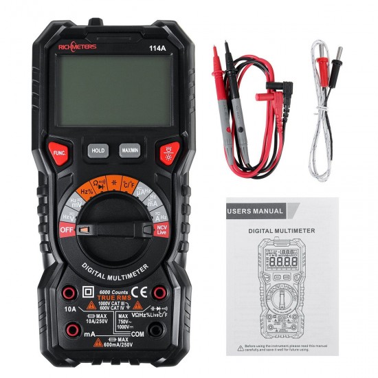 RM114A Digital Multimeter Meter 6000 Counts Amp Ohm Voltmeter Auto/Manual Range Voltage Tester AC DC