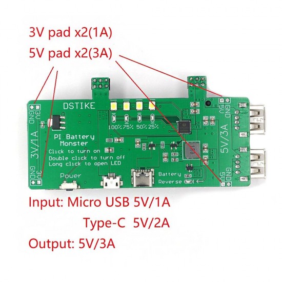 Pi Battery Monste Dual 18650 Battery Power Supply UPS 5V 3A Power Bank