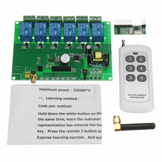 6 Channel DIY Receiver Relay Module Board With Wireless RF Remote Control Switch 110V-240V AC