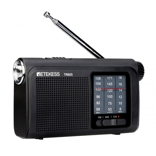 TR605 SW MW FM Radio 3 Band Hand Tuned Radio Emergency Flashlight