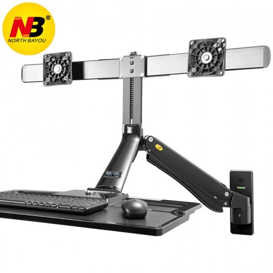 NB MC40-2A Ergonomic Sit-Stand Workstation Wall Mount 22-27in Dual Monitor Holder Arm with Foldable Keyboard Plate 2xUSB3.0 Interface