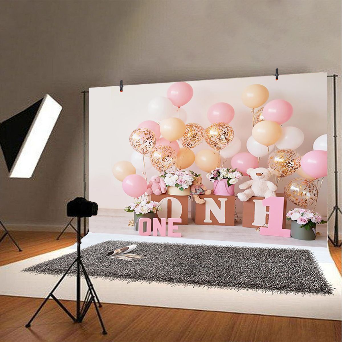 5x3FT-7x5FT-9x6FT-1st-Birthday-Pink-Balloon-Bear-Photography-Backdrop-Background-Studio-Prop-1618188