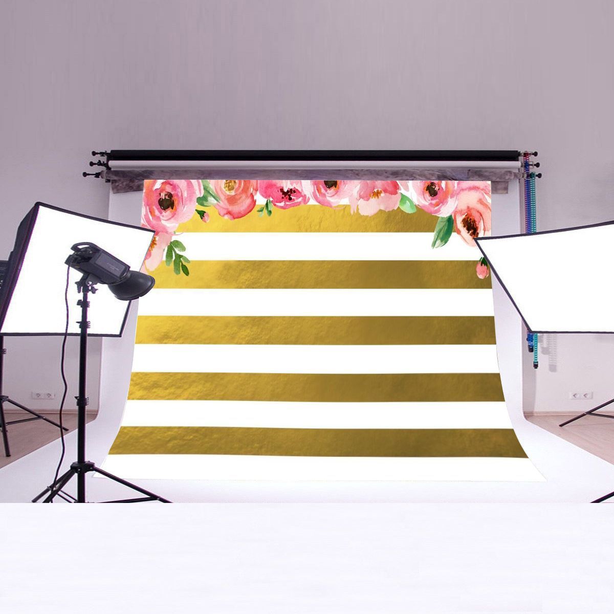 5x3FT-7x5FT-Pink-Flowers-Gold-White-Stripes-Photography-Backdrop-Studio-Prop-Background-1395494
