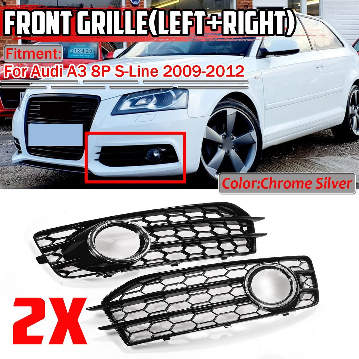 Front-Fog-Light-Lamp-Grille-Grill-Cover-Honeycomb-Hex--Chrome-Silver-For-Audi-A3-8P-S-Line-2009-2012-1750297