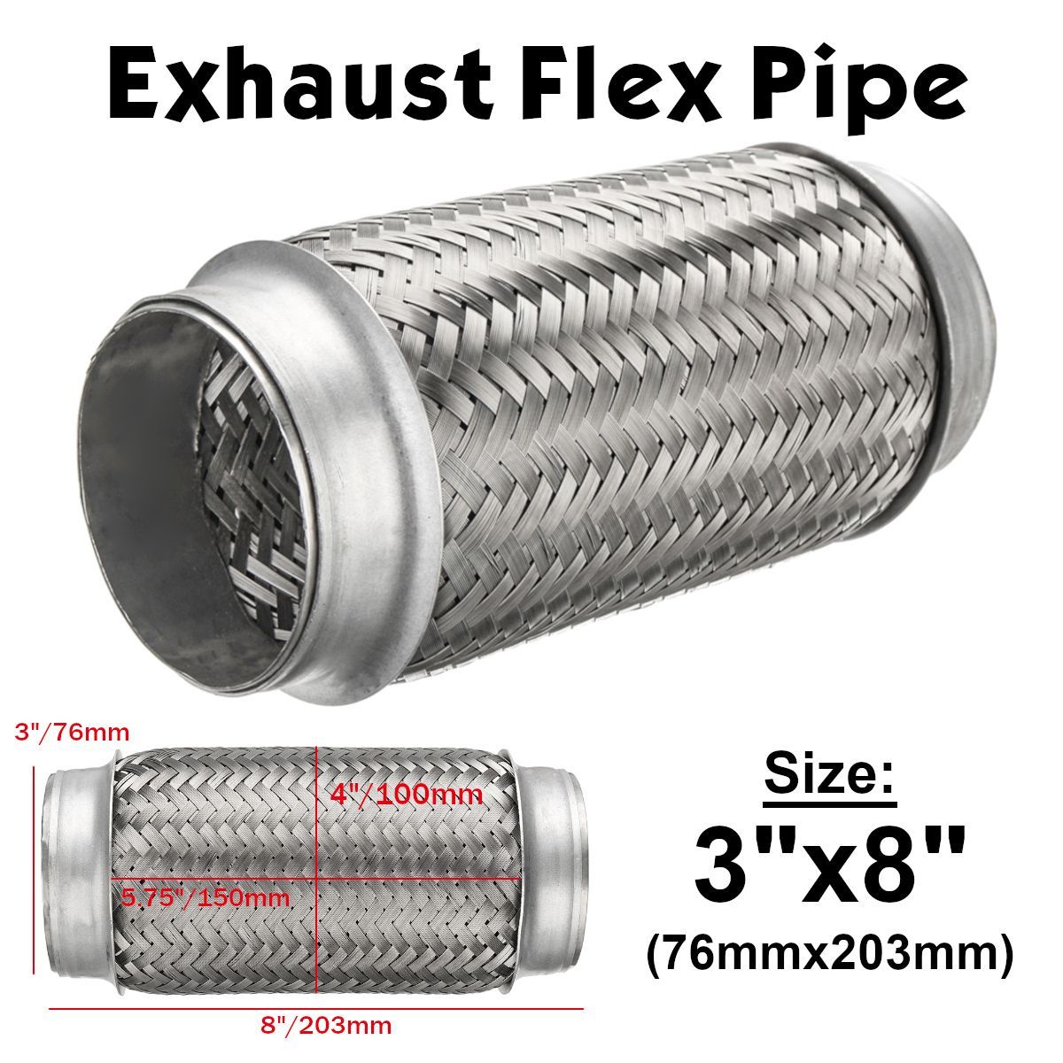 3-X-8-Inch-76-X-203mm-Weld-On-Exhaust-Muffler-Flex-Pipe-Stainless-Steel-Double-Braid-1382334