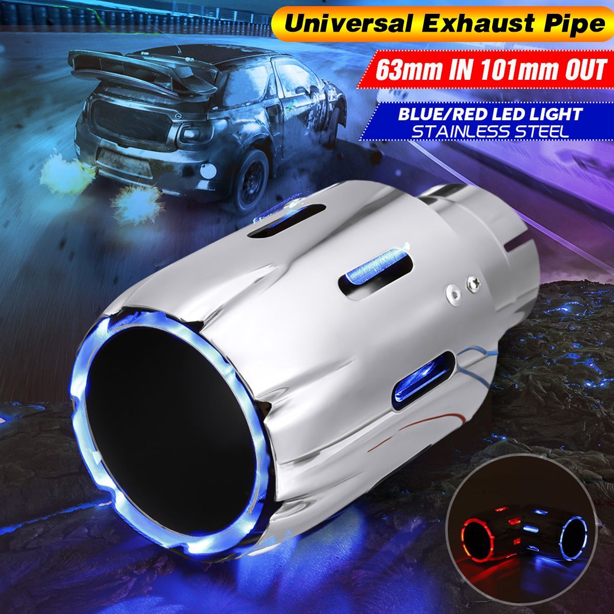 63mm-IN-101mm-Out-Stainless-Steel-Exhaust-Muffler-Blue-Red-LED-Light-1683561