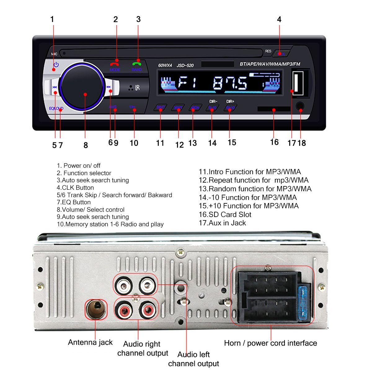 JSD-520-Car-Radio-Stereo-Head-Unit-MP3-Player-bluetooth-Hands-free-With-Remote-Control-AUX-SD-FM-1622191