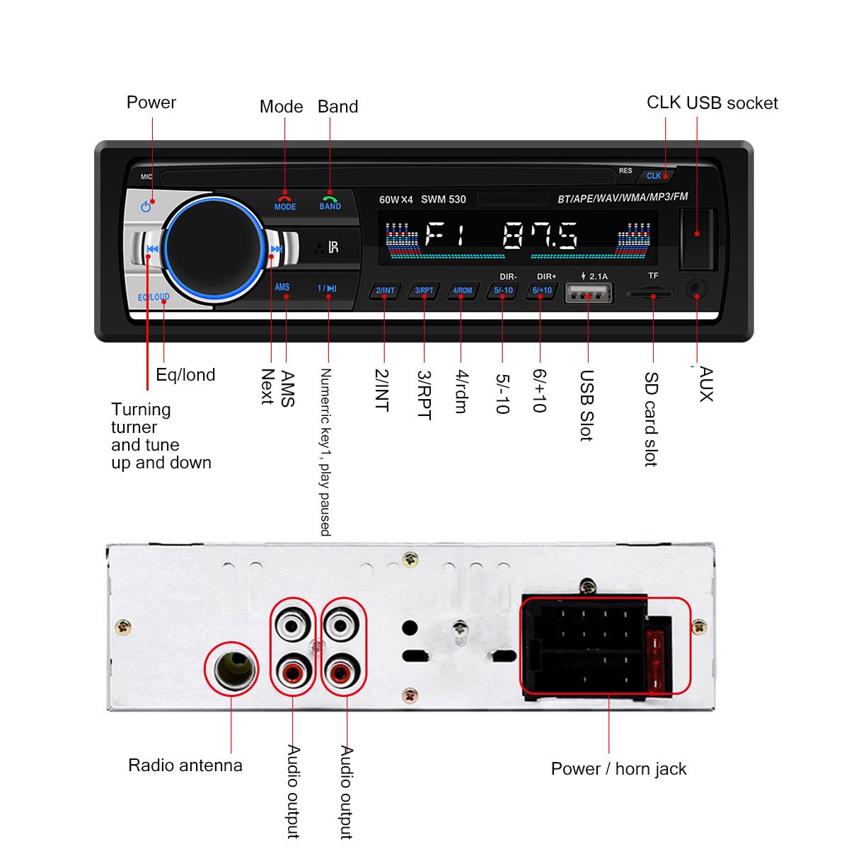 SWM-530-Car-Radio-Stereo-MP3-Player-bluetooth-Hands-free-Dual-USB-AUX-TF-SD-FM-RCA-1622057