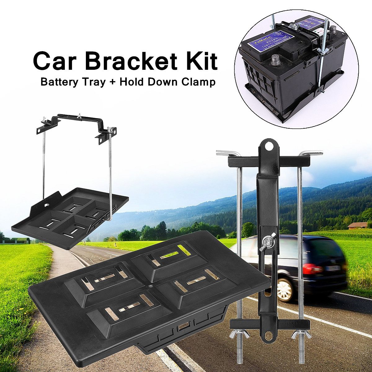 Battery-Tray-Adjustable-Holder-Down-Clamp-Bracket-Kit-Cycle-Universal-1335462