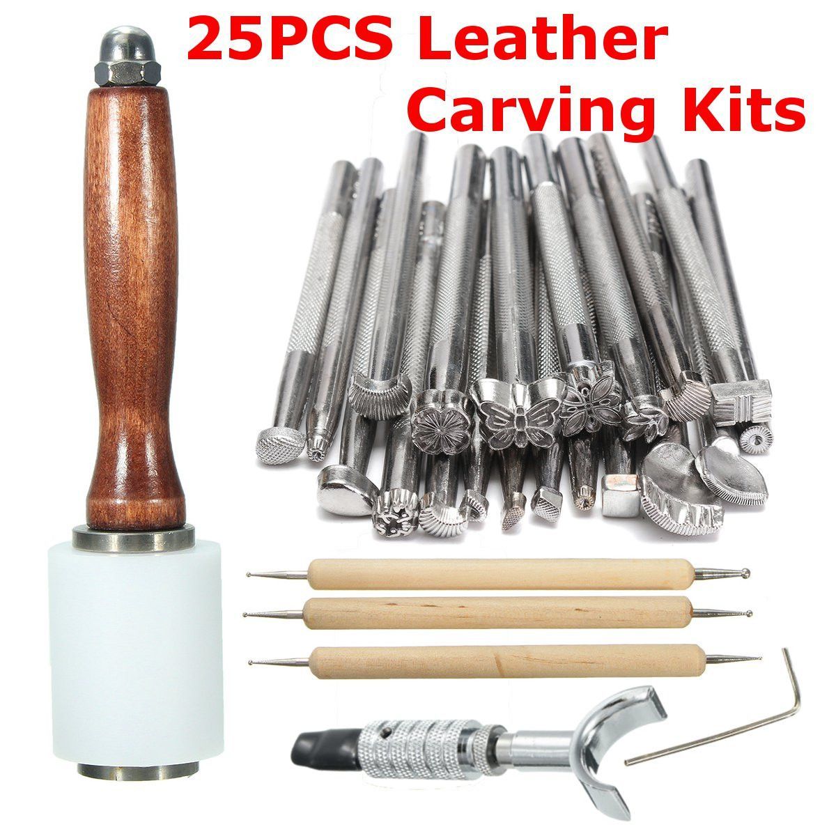 25pcs-Leather-DIY-Carved-Wooden-Hammer-Stainless-Steel-Printing-Toolkits-1091882