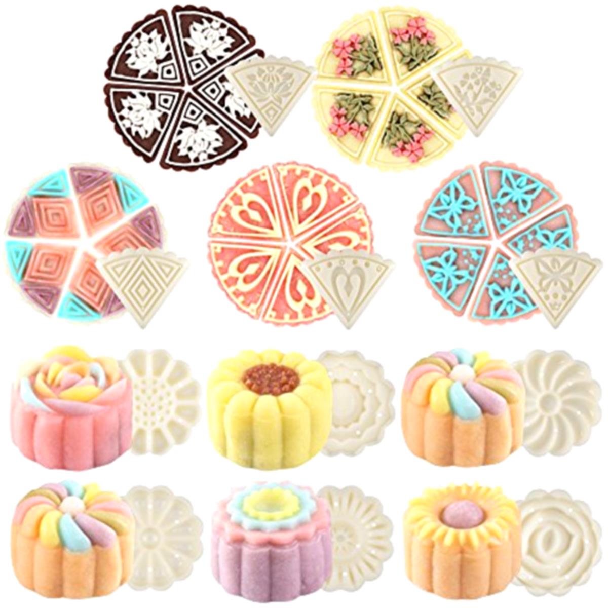 2-Sets-Mooncake-Pastry-Press-Mold-DIY-Hand-Flower-Pattern-Mould-50g-w11-Stamps-Round-Triangle-1338620