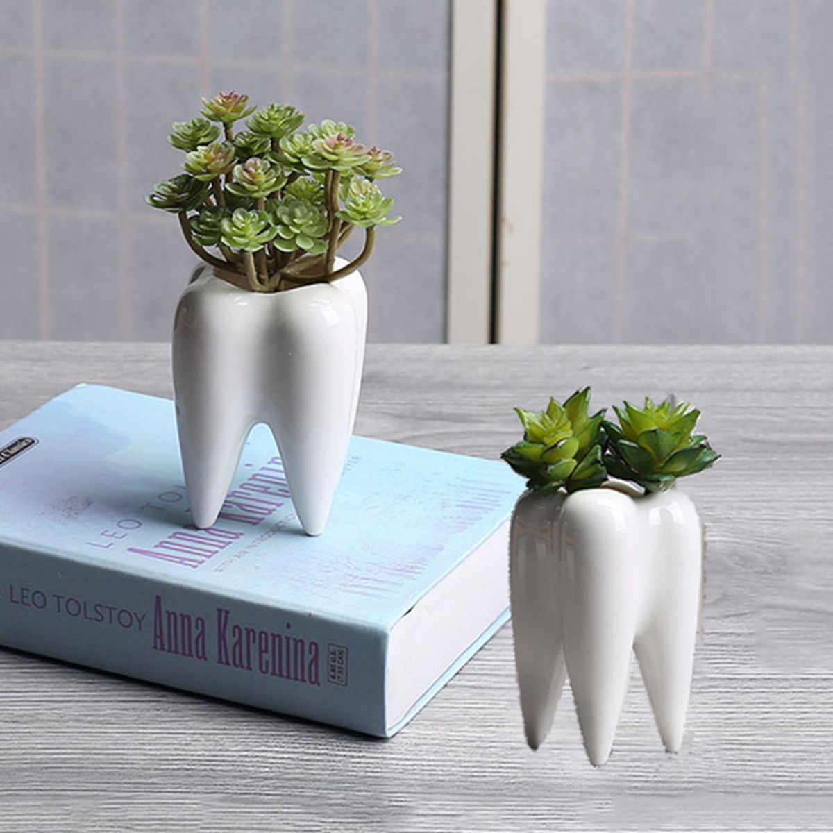 2Pcs-Ceramic-Plant-Flower-Pot-Succulent-Garden-Cute-Teeth-White-Home-Decorative-Storage-Container-1339551