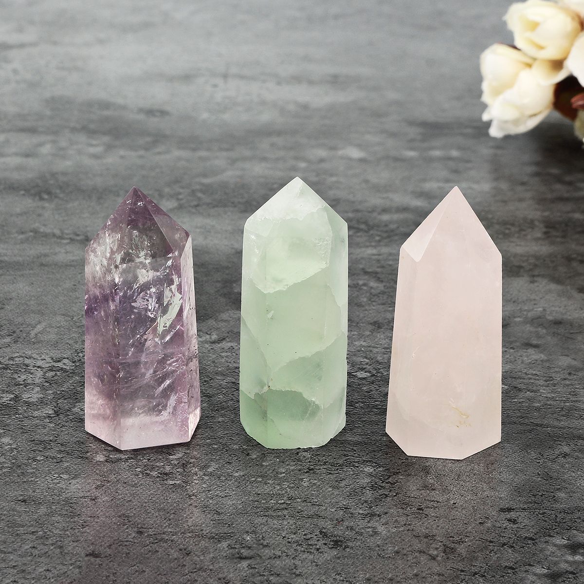 3Pcs-Natural-Rose-Quartz-Green-Fluorite-Obelisk-Amethyst-Crystals-Point-Wand-Healing-1535715