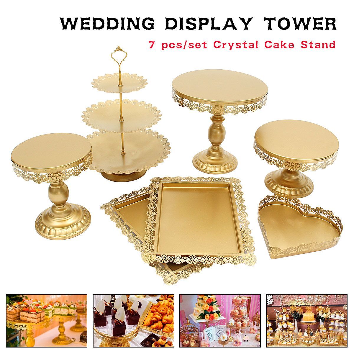 7Pcs-WhiteGold-Amalfi-Glass-Top-Cake-Stand-Round-Metal-Wedding-Cupcake-Tower-Decorations-1434841