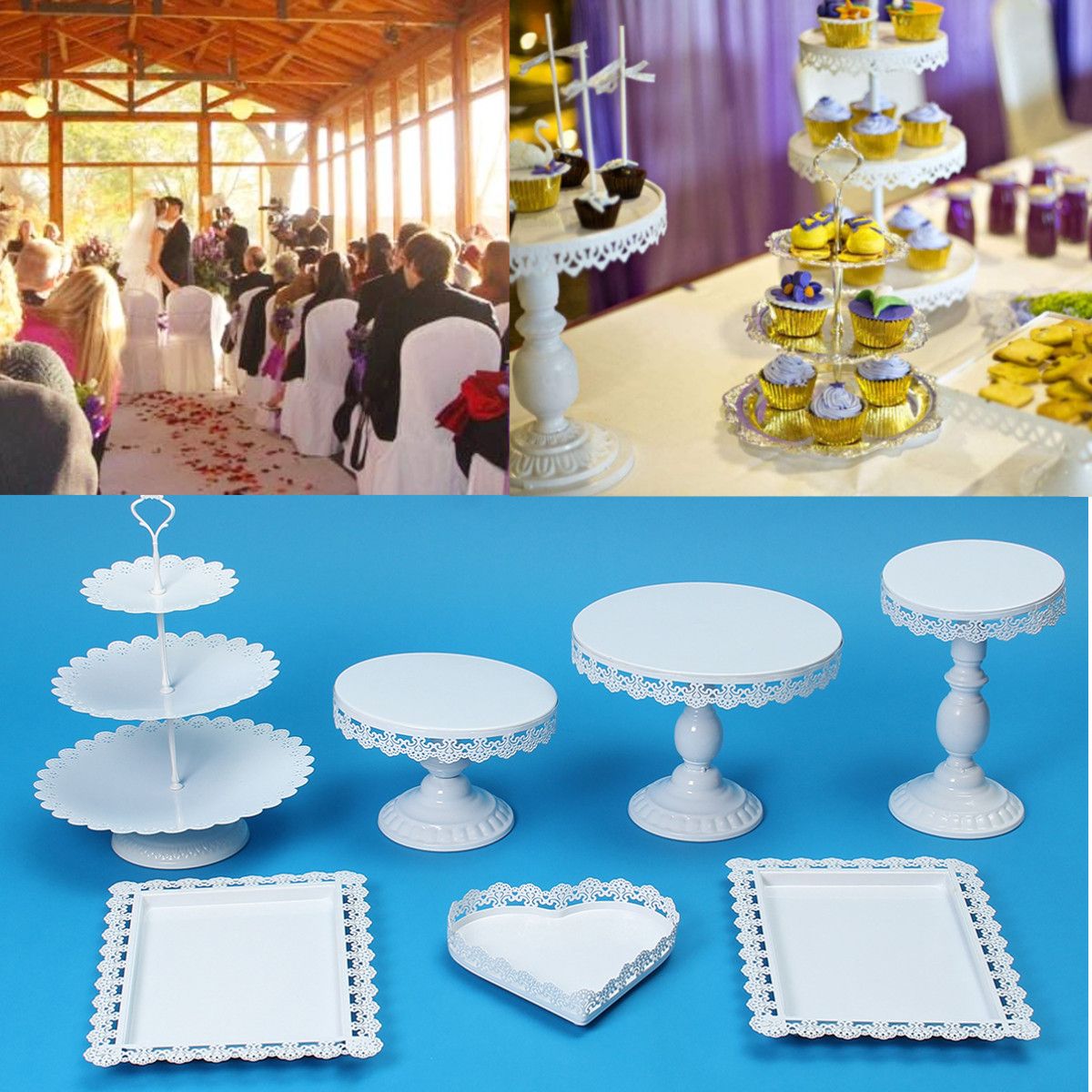 7Pcs-WhiteGold-Amalfi-Glass-Top-Cake-Stand-Round-Metal-Wedding-Cupcake-Tower-Decorations-1434841