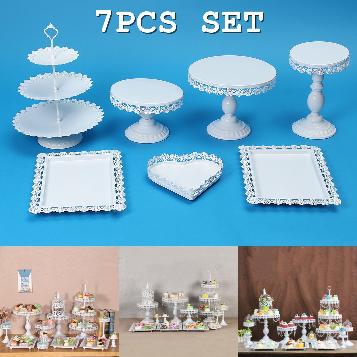 7Pcs-WhiteGold-Amalfi-Glass-Top-Cake-Stand-Round-Metal-Wedding-Cupcake-Tower-Decorations-1434841