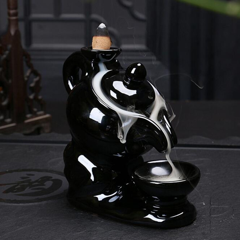 Black-Ceramic-Teapot-Incense-Burner-Backflow-Censer-Holder-Buddhist-Blessing--10-Cones-1247305