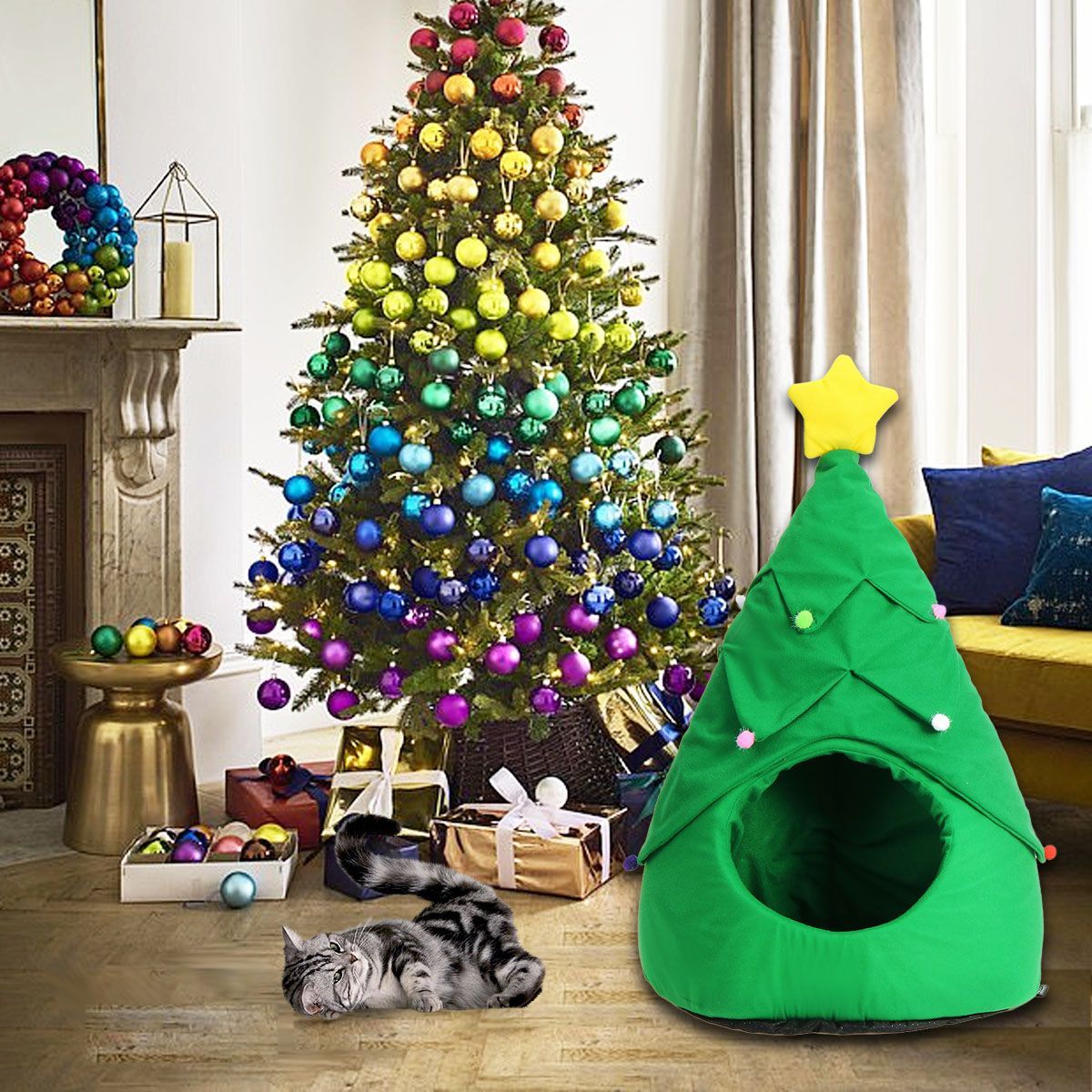 Christmas-Tree-Elk-Pet-House-Breathable-Semi-Closed-Soft-Cat-House-Green-Cat-Dog-Bed-1600650