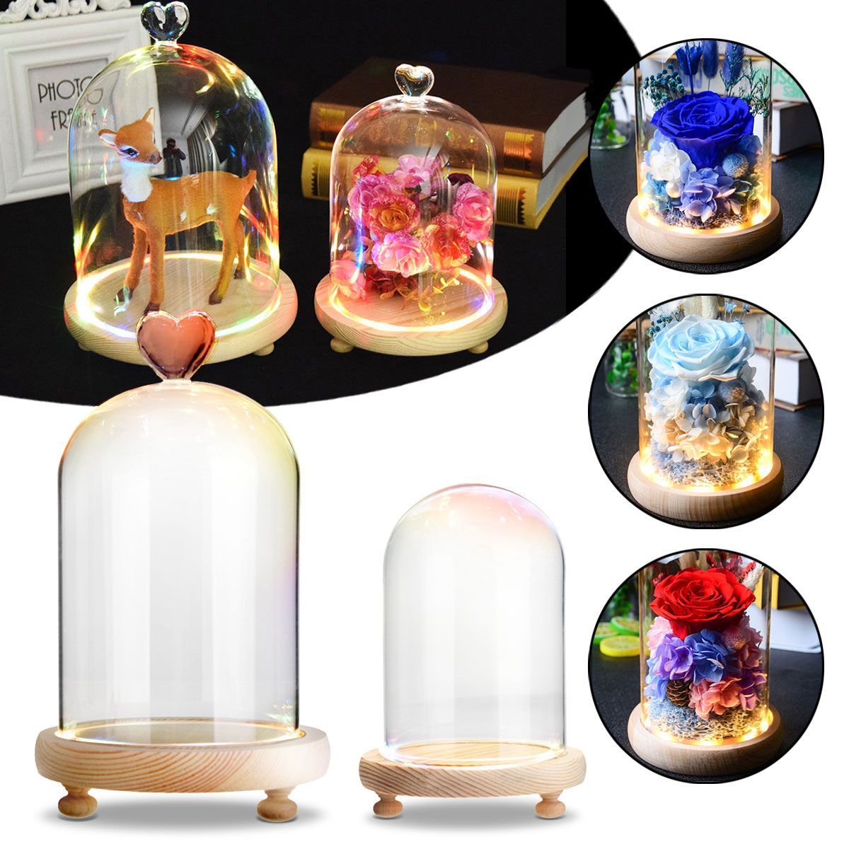 Clear-Glass-Display-Flower-Dome-Bell-Jar-Cloche-Wooden-Base-With-LED-Light-Room-Decorations-1372891