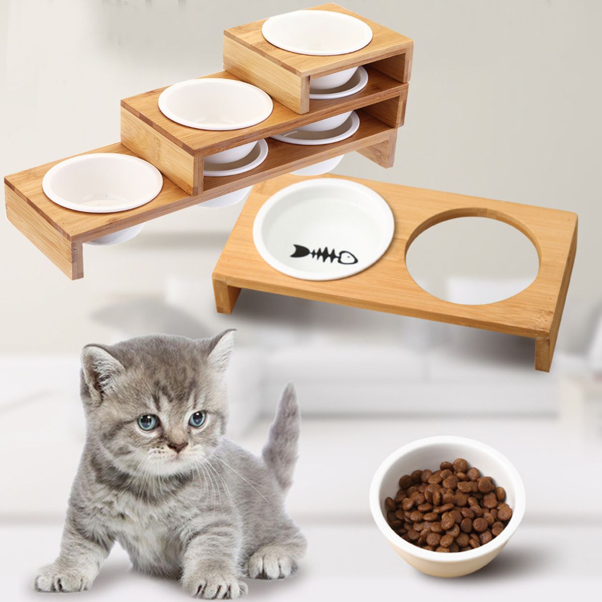 Elevated-Dog-Cat-Bamboo-Pet-Feeder-Ceramic-Bowl-Raised-Stand-3-Sizes-Durable-1557252