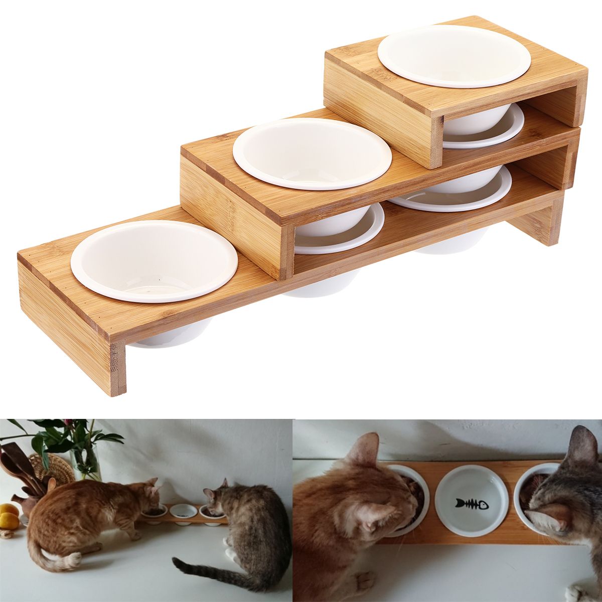 Elevated-Dog-Cat-Bamboo-Pet-Feeder-Ceramic-Bowl-Raised-Stand-3-Sizes-Durable-1557252