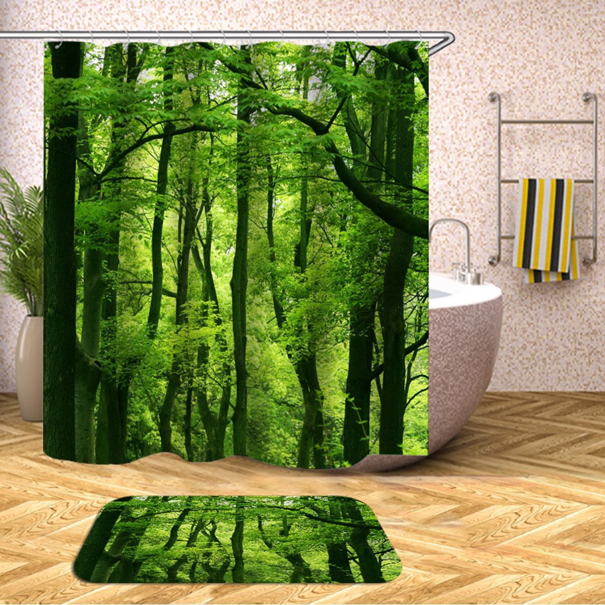 Green-Forest-Waterproof-Shower-Curtain-Bathroom-Toilet-Cover-Mat-Rug-Pad-Set-1573177