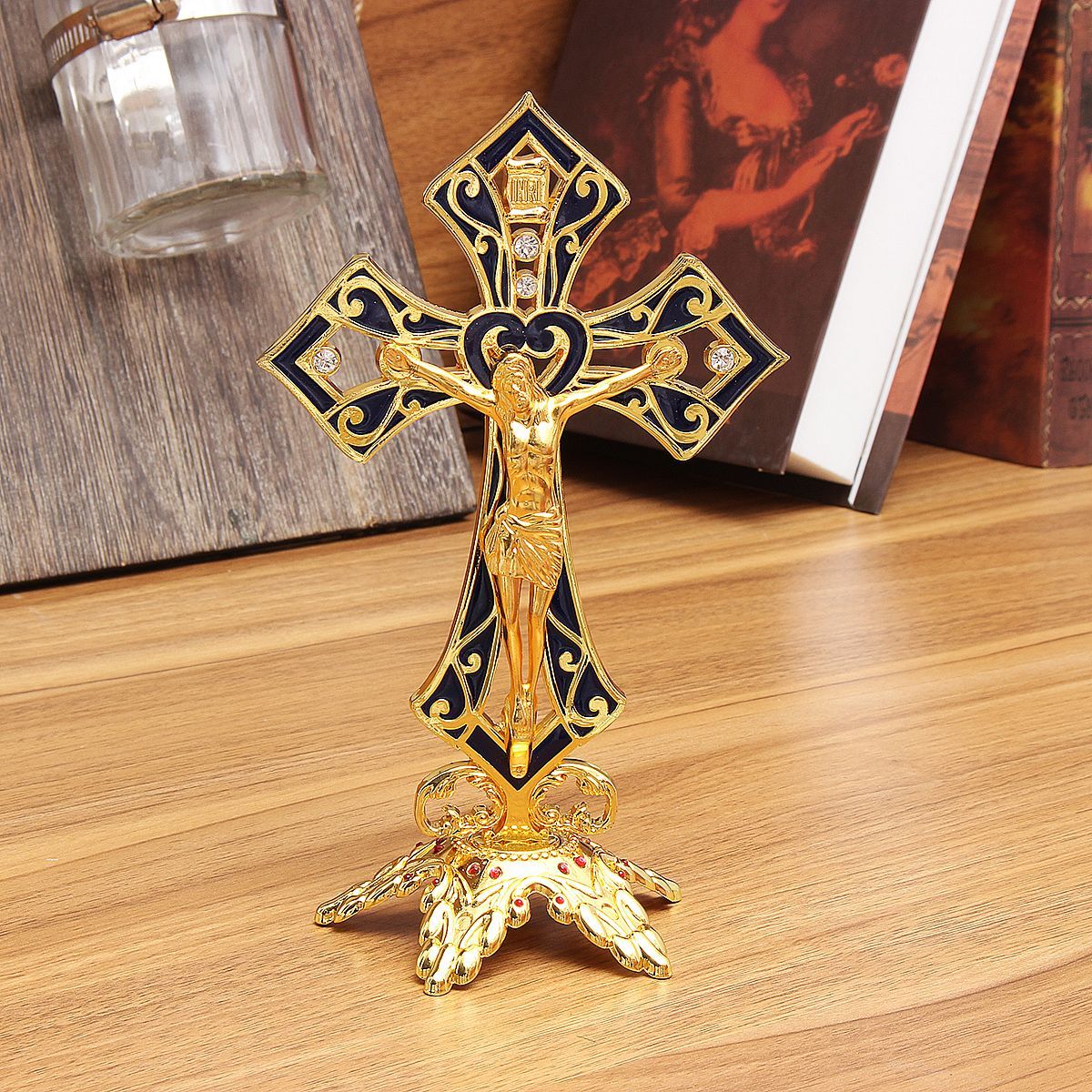 Metal-Alloy-Jesus-Christ-Cross-Golden-Arrangement-Vintage-Statue-Table-Decor-Box-Decorations-1496103