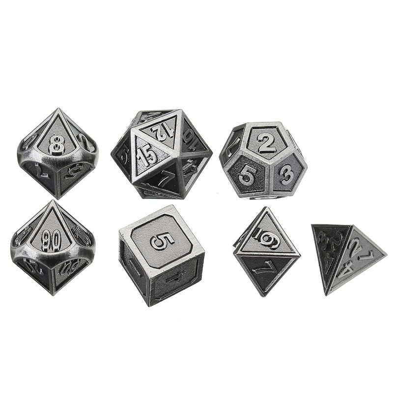 Embossed-Steel-7-Pcs-Multisided-Dice-Heavy-Metal-Polyhedral-Dice-Set-w-Bag-1259842