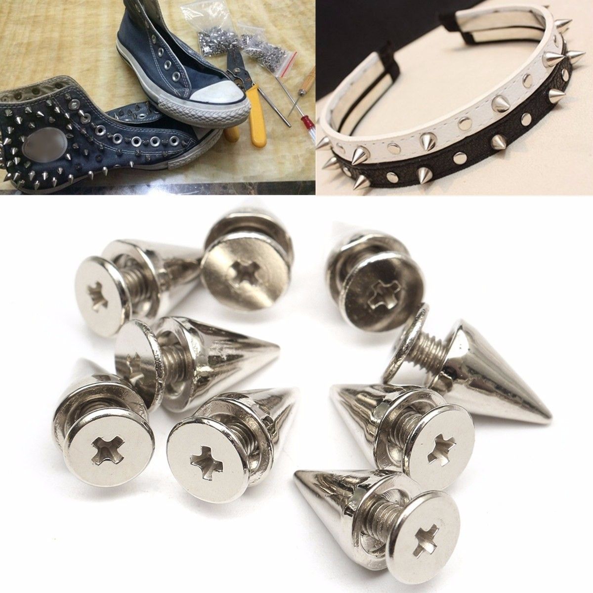 100Pcs-7x10mm-Metal-Silver-Studs-Rivet-Bullet-Spike-Cone-Screw-For-Leather-Craft-1106797