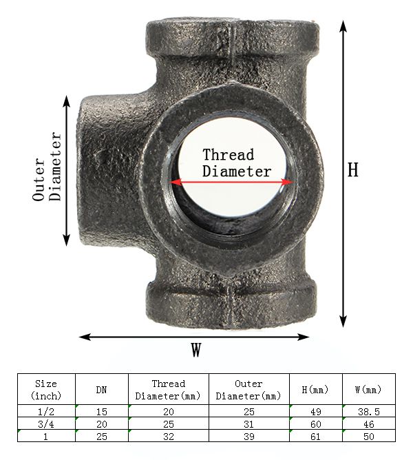 12quot-34quot-1quot-5-Way-Pipe-Fitting-Malleable-Iron-Black-Outlet-Cross-Female-Tube-Connector-1141296